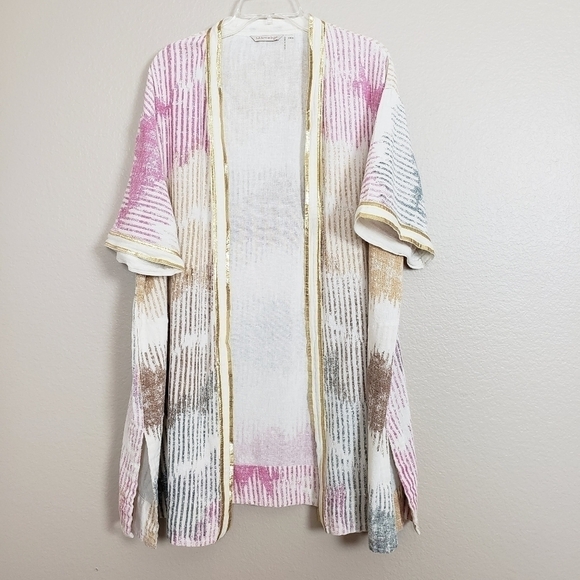 SOFT SURROUNDINGS Printed Tunic Cardigan Metallic Gold Trim One Size - Picture 1 of 6